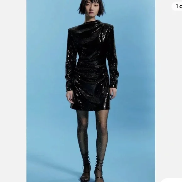 BLOGGER FAV ZARA SHOULDER PAD DRAPED Sequins DRESS mob wife - Picture 1 of 9